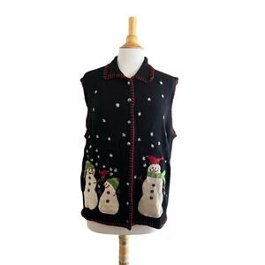 Vintage Coldwater Creek Snowman Black Wool Cardigan Sweater Vest Sz 1X
